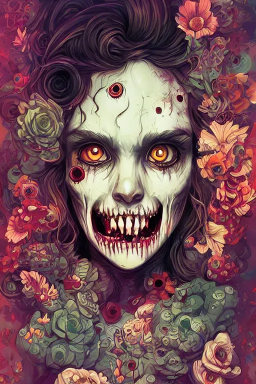Image similar to a smiling cute zombie woman undead skin and wavy hair, tristan eaton, victo ngai, artgerm, rhads, ross draws