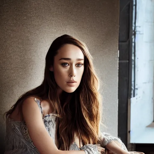 Prompt: alycia debnam-carey sitting on chair posing for photo, award winning photography, HDR, studio lighting, dynamic pose, medium close shot, shot on Canon EOS R5, f/1.8,