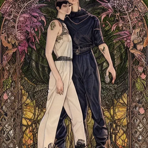 Image similar to short - haired tattooed heroic stoic handsome muscular blonde butch tomboy woman engineer in jumpsuit standing beside dark fae feathered modest gothic jennifer connelly, standing together in a beautiful lush garden at night, in love, highly detailed, trending on art station, mucha