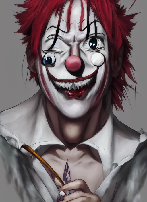 Image similar to portrait of the clown removing his makeup, anime fantasy illustration by tomoyuki yamasaki, kyoto studio, madhouse, ufotable, trending on artstation