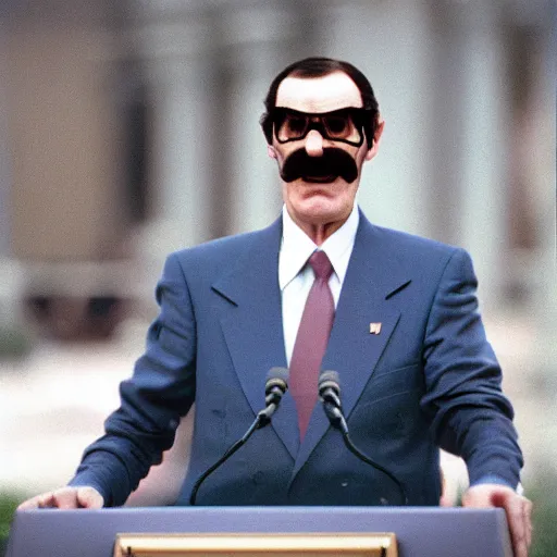 Image similar to president waluigi, real, 1 9 9 3, still, photograph, photo, speech