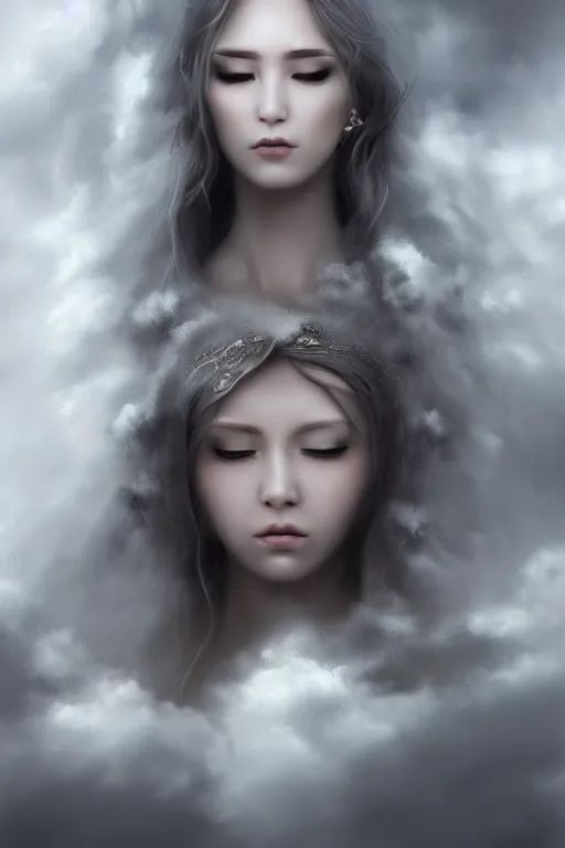 Prompt: Goddes of Clouds, Mist and Smoke, , pretty face, ultra detailed, digital art, 8k ,character ,realistic, portrait, hyperrealistic