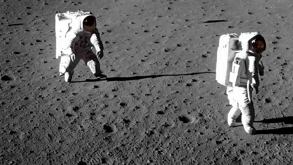 Prompt: an astronaut pulling some luggage behind him on the surface of the Moon