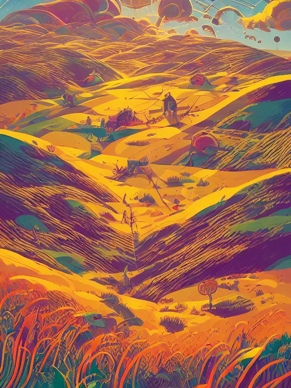 Prompt: a detailed tarot card art of a beautiful and quiet plain with fields of wheat, sunny and colorful, gentle breeze, by dan mumford and anton fadeev, intricate