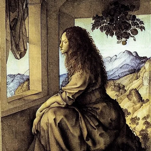 Prompt: A beautiful sculpture of a woman with long curly hair, wearing a white dress and sitting in a chair in front of a window with a view of a mountainside. neo-expressionism by Albrecht Dürer artificial