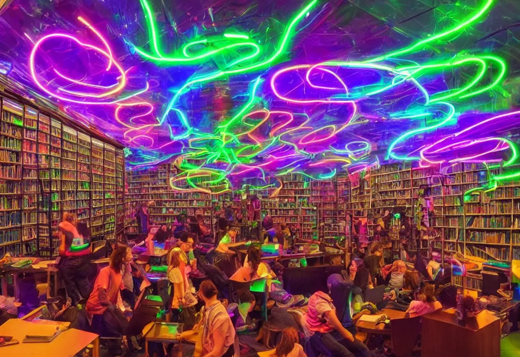 Prompt: a room full of confused wizards in their library playing with their new room sized magical glowing computers of magical energy, infinite hallways, bright neon rainbow light from magic entities