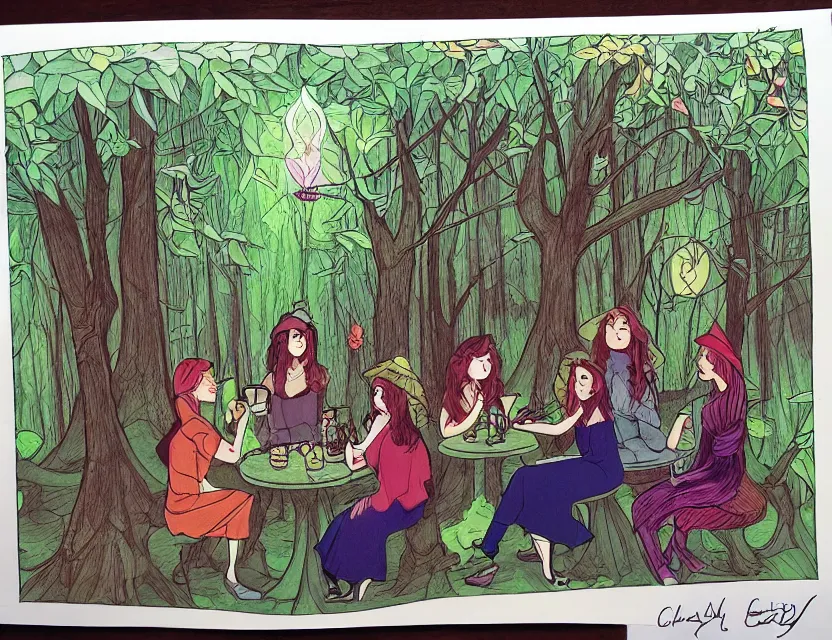 Image similar to ethinically diverse witches in a forest cafe. complementary colors, copic markers, indie concept art, bloom, chiaroscuro, backlighting, intricate details.