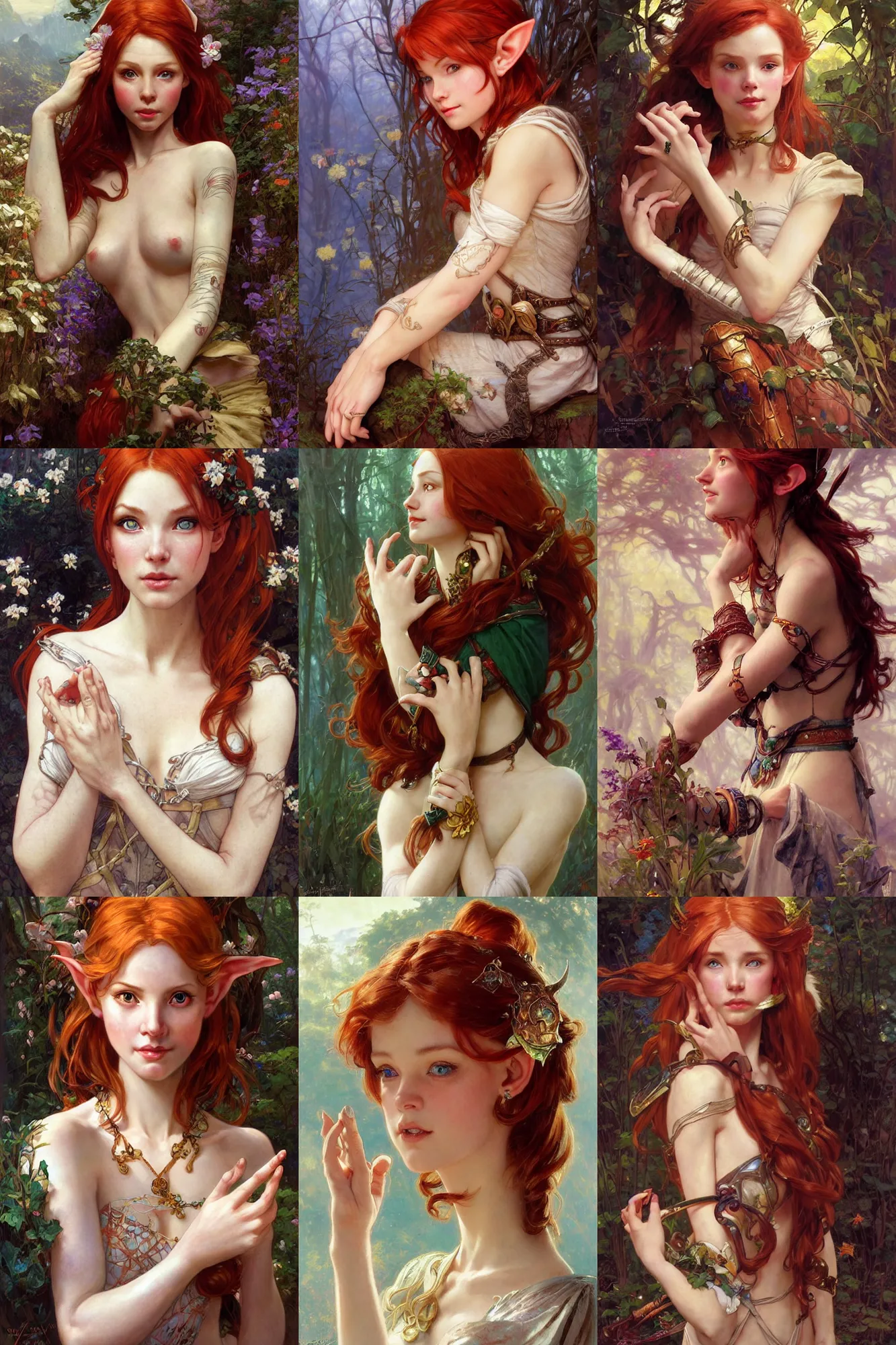 Prompt: portrait of beautiful high-fantasy elf girl (redhead, hand model, eye model, arm model), intricate details (especially face and ears), by Stanley Artgerm Lau, by greg rutkowski, by thomas kindkade, by alphonse mucha, loish, by norman rockwell J.