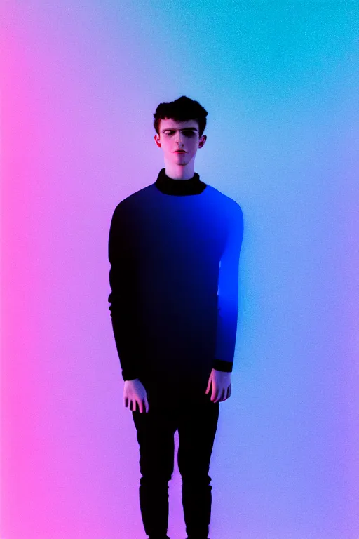 Prompt: high quality pastel coloured film mid angle selfie photograph of a beautiful young 2 0 year old male, soft features, black hair, standing in an icelandic black rock environment with reflective metallic clothing. atmospheric. three point light. photographic. art directed. ( pastel colours ). volumetric light. sheen. waves glitch. 8 k. filmic.