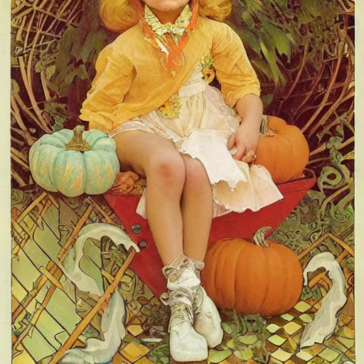 Image similar to a happy little girl with long straight golden blonde hair sitting amidst halloween decor, skulls and pumpkins. beautiful highly detailed face, beautiful painting by alphonse mucha and norman rockwell