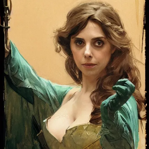 Image similar to alison brie as robin hood, intricate, elegant, highly detailed, greg manchess, mucha, liepke, ruan jia, jeffrey catherine jones, ridley scott