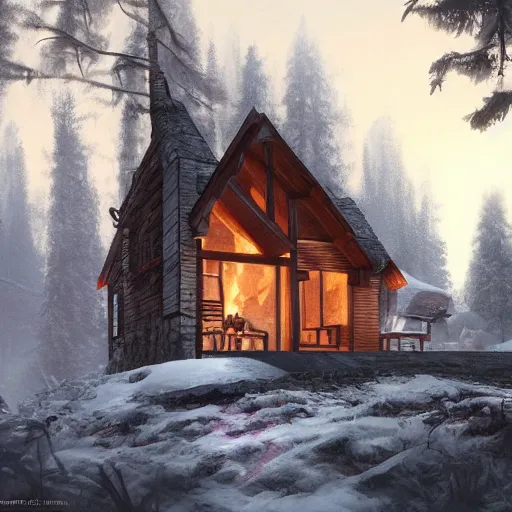 Image similar to concept art of a cabin in the woods, isometric view, detailed, volumetric lighting, style of greg rutkowski