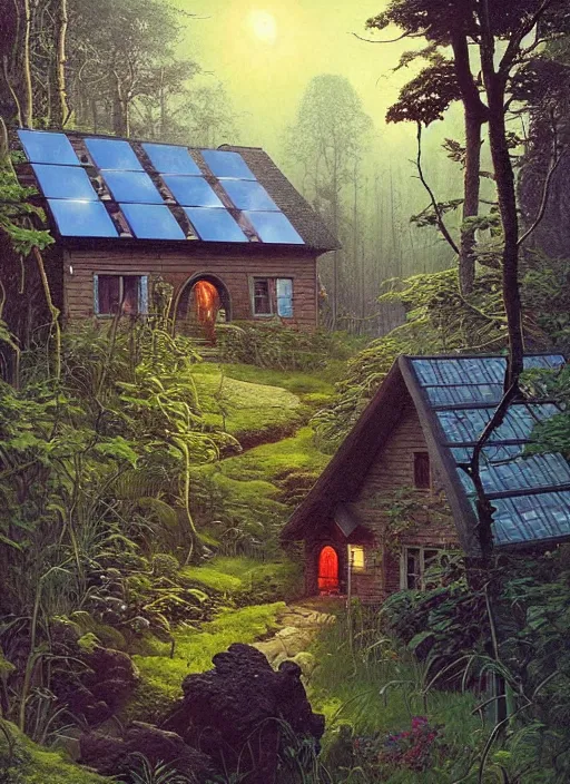 Image similar to hyper realistic witch cottage with solar panels with happy lighting and technology in the woods gorgeous lighting, sunbeams blue sky, lush forest foliage painting by zdzisław beksinski and norman rockwell and greg rutkowski weta studio, and lucasfilm