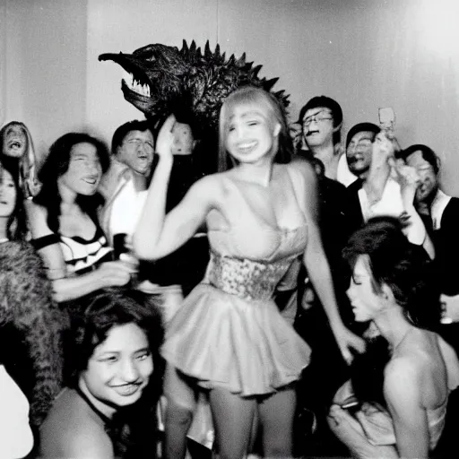 Image similar to extremely realistic toho godzilla partying at studio 5 4 b & w grainy photograph lots of celebrities including andy warhol