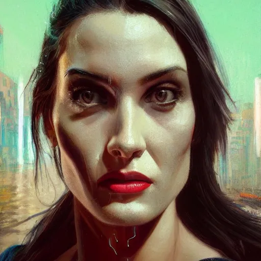 Image similar to detailed face of a woman, moment, cyberpunk cloisters, electronic billboards, tech noir, wet reflections, prism, atmospheric, ambient, pj crook, syd mead, livia prima, greg rutkowski, edward hopper