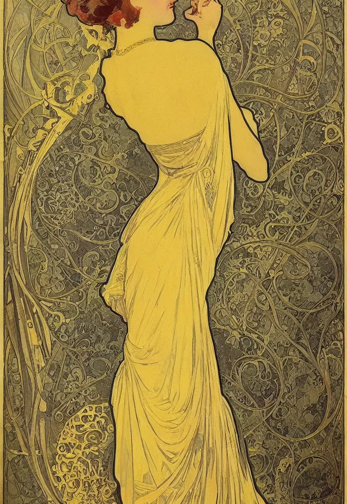 Prompt: a young woman looks deeply into the viewer, 1920's london street, art nouveau, extravagant fashion, intricate yellow dress with gold trims, lacey, dark streets, grungy, style of and by alphonse mucha, color painterly