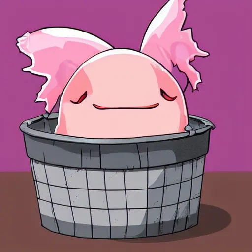 Prompt: pink axolotl in a bucket wearing a wizard hat, cartoon, cute, trending on artstation, digital art, fantasy art
