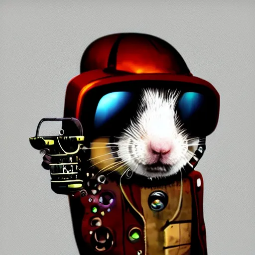 Image similar to a cute cyberpunk hamster as a supervillain, steam punk, gothic, 4 k