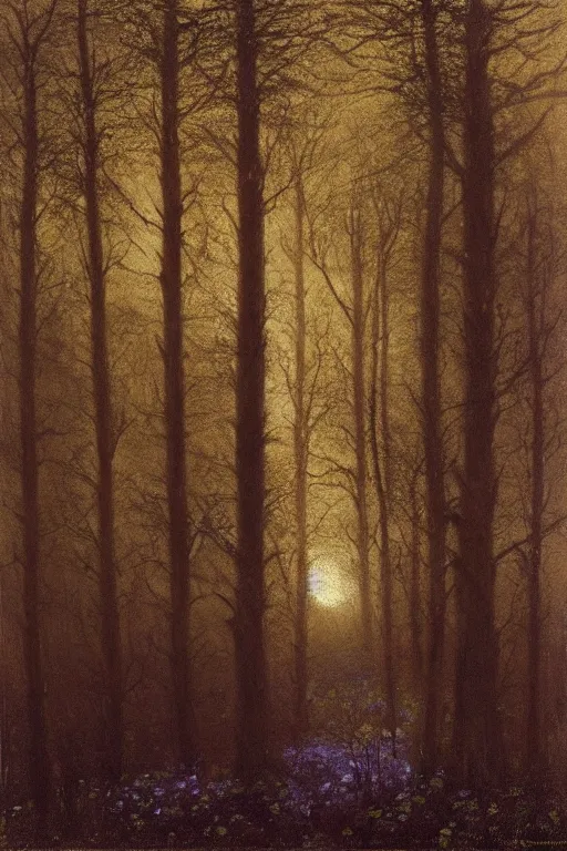 Prompt: dark and spooky painting of a forest dimly lit at night with tiny purple morning glory flowers trailing at the base of trees. foggy cinematic volumetric darkness, muted colour palette, detailed oil painting on canvas robert hughes, john everett millais