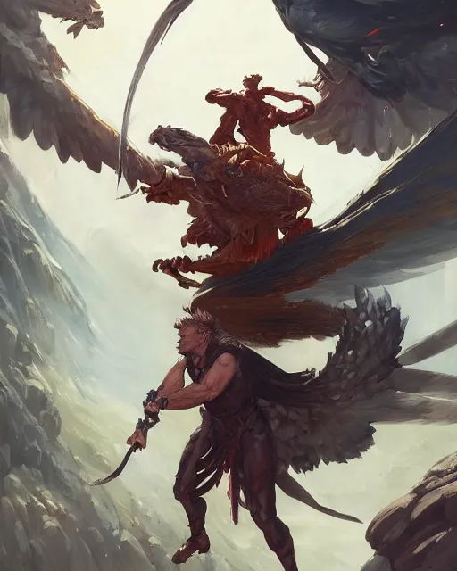 Image similar to fantasy character portrait of gordon ramsay fighting a giant eagle peter mohrbacher, wadim kashin, greg rutkowski, larry elmore, george pemba, ernie barnes, raymond swanland, magali villeneuve, trending on artstation