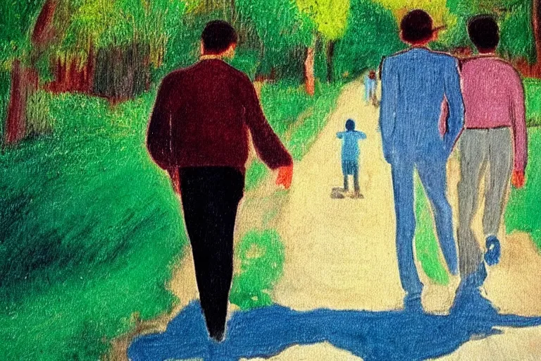 Image similar to a very tall man named John with dark hair holding the hands of a short young boy named Alex with dark hair as they walk down a suburban highway on a bright beautiful colorful day. part in the style of an edgar degas painting. part in the style of david hockney