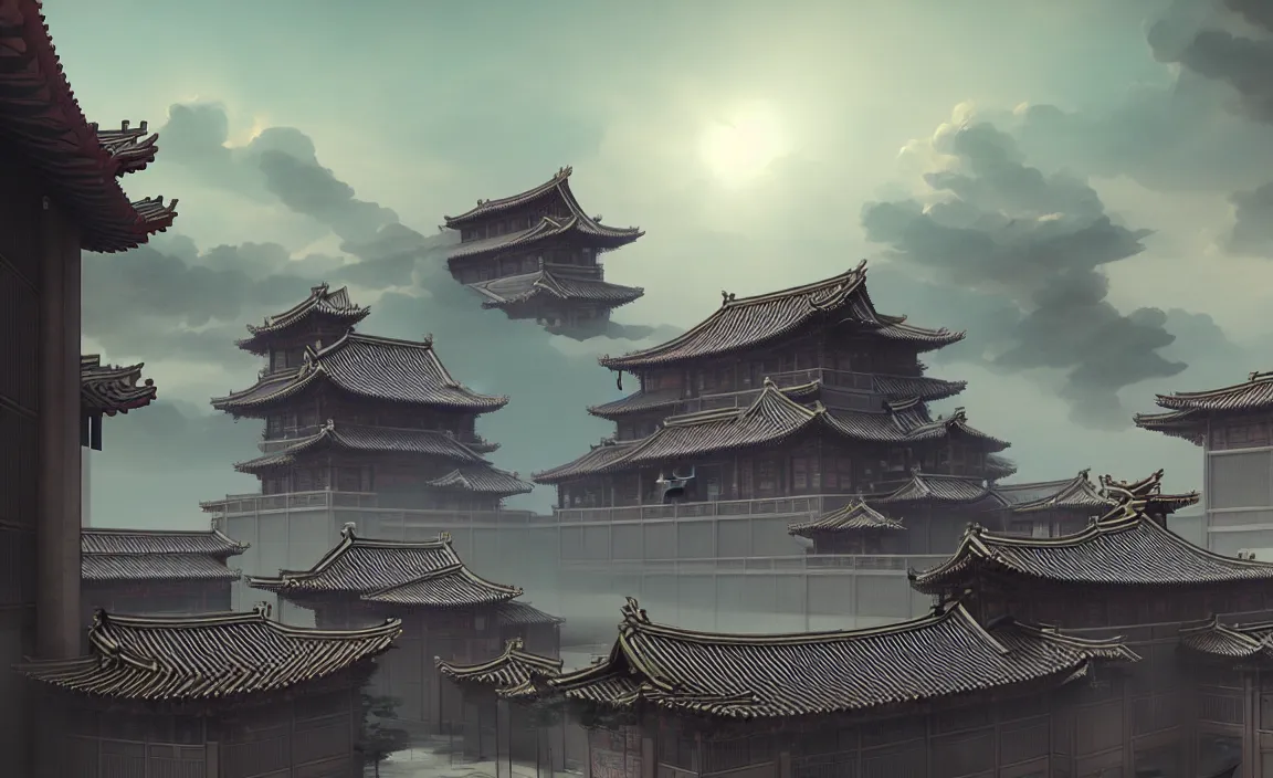 Prompt: cyberpunk chinese ancient architecture, muted color, cornices of ancient buildings in the tang dynasty, art by moebius, artstation trending, gorgeous clouds, god rays, fantasy art, octane render, ureal engine, japanese animation, mist, hyperdetailed,.