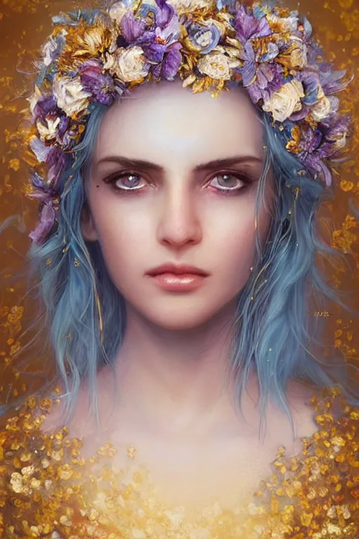 Image similar to a pale Iranian girl with white hair, floral crown, sad blue eyes, cinematic lighting, ultra detailed, highly detailed, sharp focus, golden background with flowers, golden jewellery with blue sapphires, photographic, art by artgerm and greg rutkowski and zdislav beksinski
