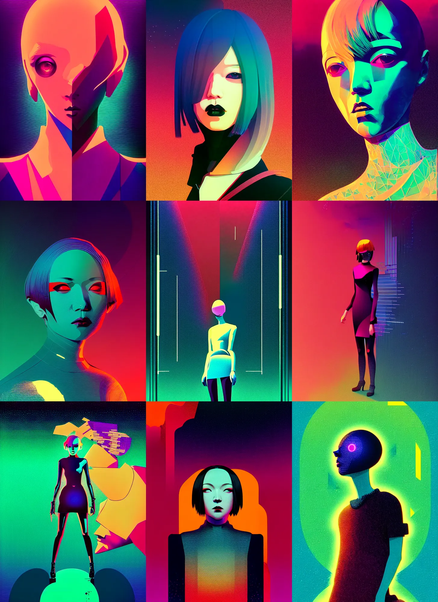 Prompt: ( ( dither ) ), editorial illustration portrait of reol, dynamic pose, modern art deco, colorful, ( ( mads berg ) ), christopher balaskas, victo ngai, rich grainy texture, detailed, dynamic composition, wide angle, moebius, matte print, night sky!!!, ( ( glitch art pixel sorting ) )