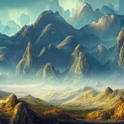 Image similar to The stone landscape with mountains in the background, Sci-Fi fantasy desktop wallpaper, painted, 4k, high detail, sharp focus