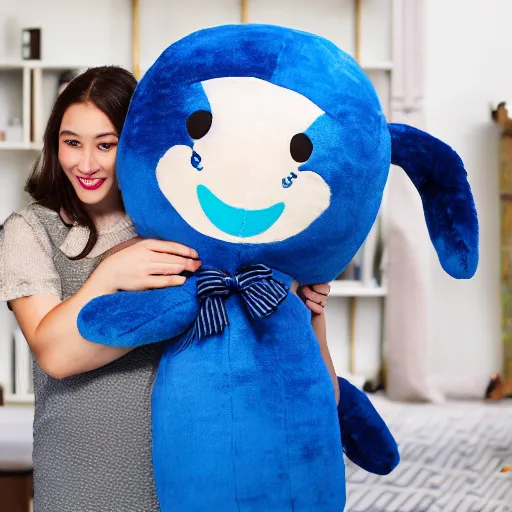 Image similar to blue'snappy gifts'human - sized plush doll, in new york, holding gift, happy atmosphere, high detail, soft lighting, 8 k