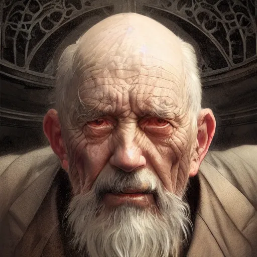 Image similar to portrait painting of an old man in sorrow, staring at the underworld, ultra realistic, concept art, intricate details, eerie, highly detailed, photorealistic, octane render, 8 k, unreal engine. art by artgerm and greg rutkowski and alphonse mucha