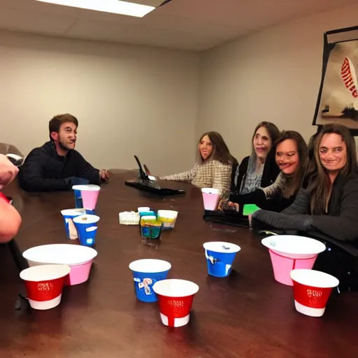 Image similar to web conference meeting with accenture and solo cups and beer pong and christmas lights