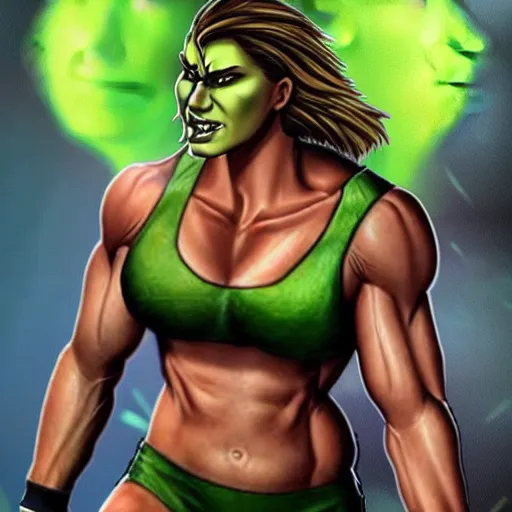 Prompt: Rhea Ripley as She Hulk, cinematic, realistic, detailed, portrait, green skin