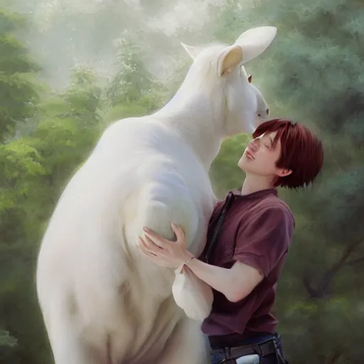 Image similar to a person hugging a large white animal, a detailed painting by krenz cushart, pixiv contest winner, fantasy art, official art, detailed painting, pixiv. highly detailed. 4 k masterpiece. photo realistic. realism. photorealism wideshot