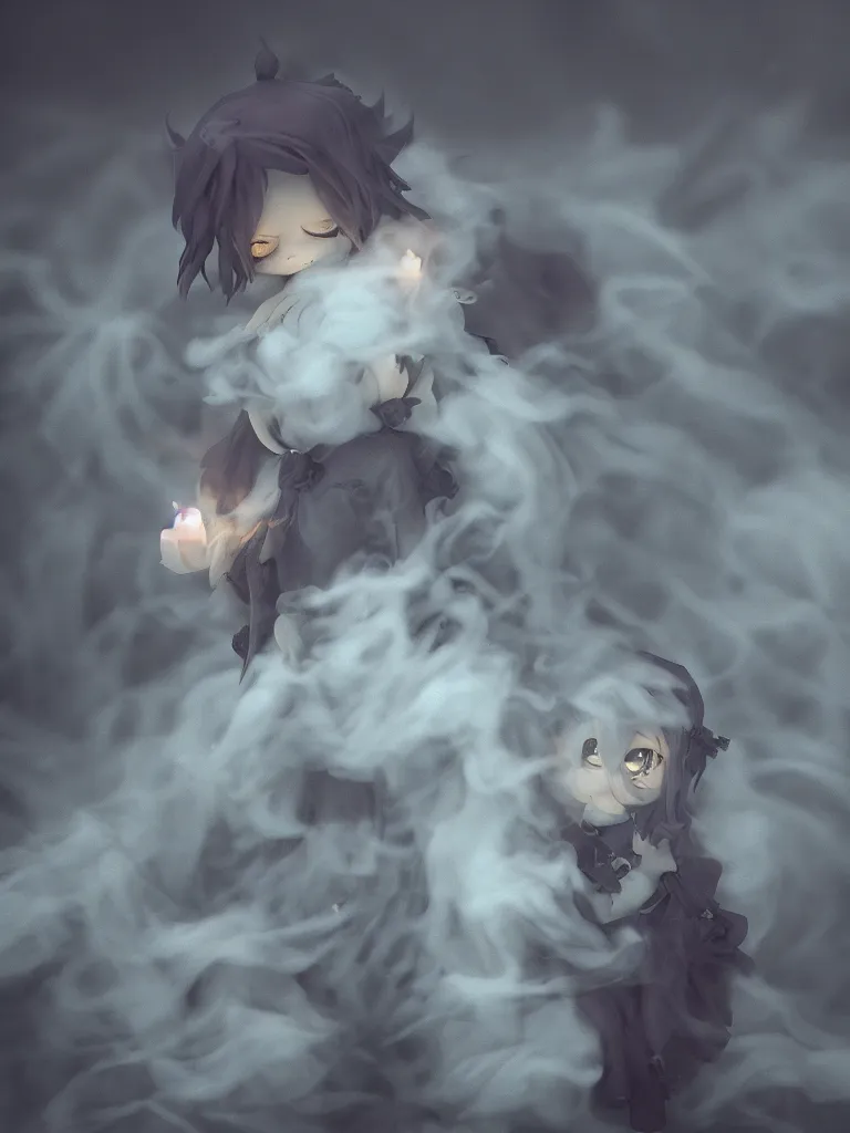 Prompt: cute fumo plush of a cursed frail witch girl held tight in the arms of a ghost, hugging, melting volumetric smoke and fog, environment map pbr reflective stormy water, goth, vignette, vray