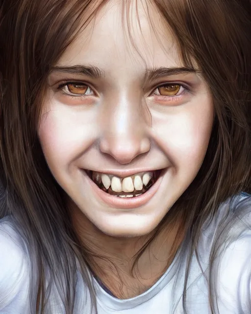 Image similar to close up portrait of 1 5 - year - old girl, smile with large front teeth, hermione, very bushy brown hair, and very bright brown eyes, wearing white shirt, hyper realistic face, beautiful eyes, character art, art by mark brooks, hyperdetailed, cryengine, trending on artstation, digital art