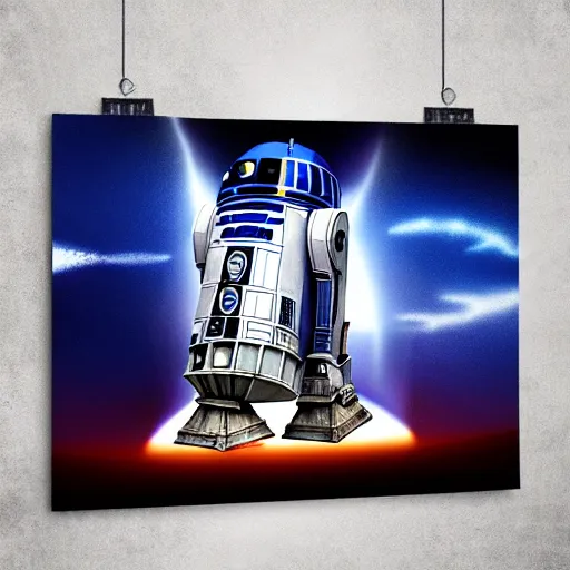 Prompt: Epic Cinematic Poster Of R2-D2 With An Explosion Behind Him