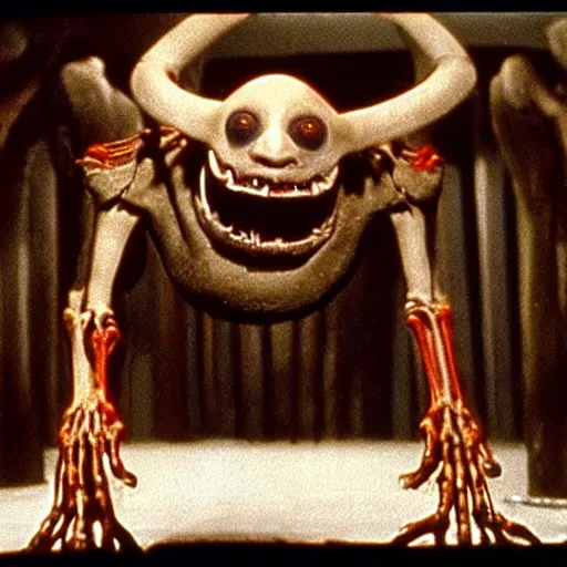 Prompt: a scary filmic wide shot color ground level angle movie still 3 5 mm film photograph of the full body of a fallen angel, with multiple mutated snarling faces with a grotesque variety of human and mechanical limbs protruding from its lower torso inside a lab, in the style of nature documentary footage, the thing 1 9 8 2