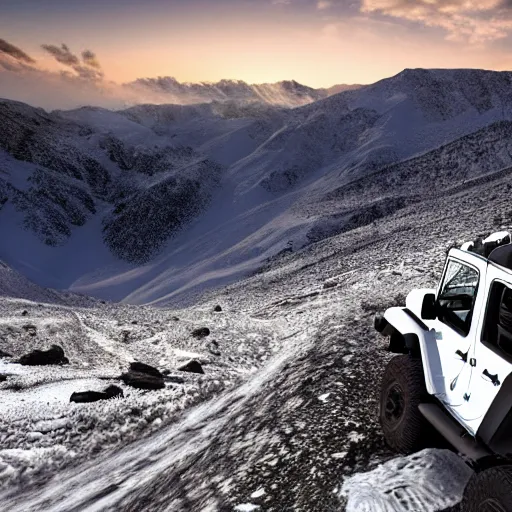 Prompt: white jeep wrangler driving up steep snowy mountain ridge on edge of a cornice, high quality digital art, dramatic lighting, cinematic, photo realism