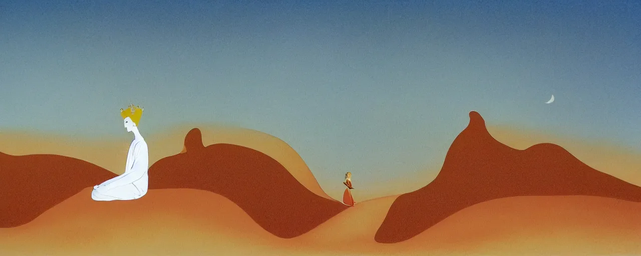 Image similar to deep golden sand desert, sand dunes, small oasis, sand mists, red sandstone natural sculptures, desert flowers, subtle color variations, highly detailed, wind, a white robed benevolent magician clothed in a royal garment in contemplation meditating upon God, by Eyvind Earle and Mary Blair