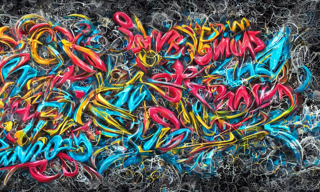 Image similar to extreme 3 d caligraphy graffiti maximalism, octane render