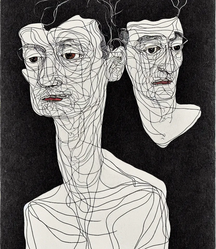 Image similar to detailed line art portrait of hermann hesse, inspired by egon schiele. minimalism, bold contour lines, caricatural, musicality, soft twirls curls and curves, confident personality, raw emotion