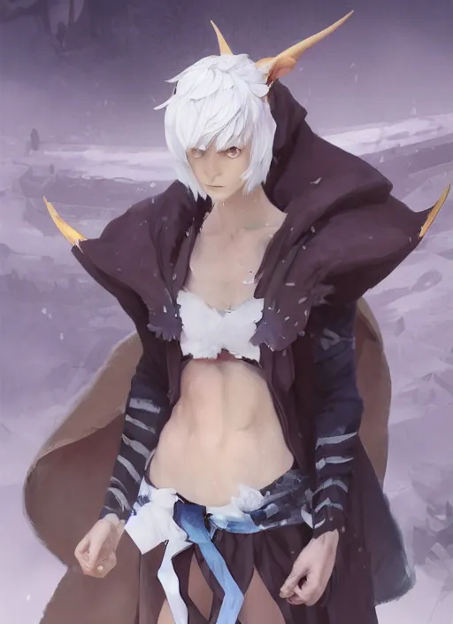 Image similar to concept art painting of a woman with brown skin and short white hair, demon horns, elf ears, full clothing, blue clothes, robes, detailed, cel shaded, in the style of ruan jia and artgerm and makoto shinkai and james gurney