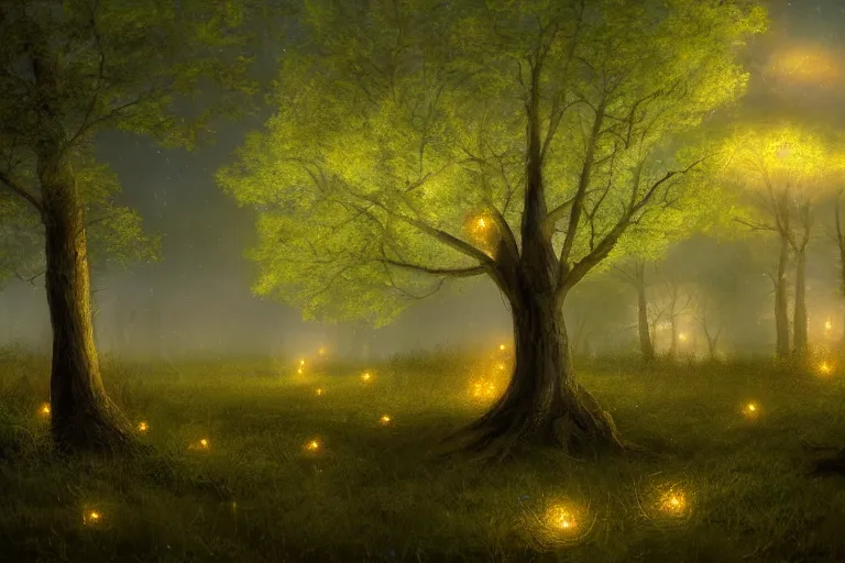 Prompt: masterpiece painting, fireflies cloud illuminating an old antic oak forest at night, spiral movement, peaceful scene, light fog, 8 k octane render, atmospheric effects, by jean hugo, motion blur, artstation, deviantart