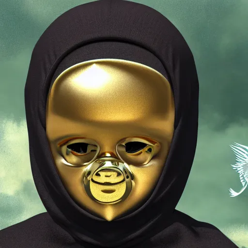 Image similar to a high tech 3 d rendering of a a baby cherub angel wearing a balaclava face mask, ski mask, face covered, covered face, fixed eyes, gucci, supreme, chanel, tattoos, multiple gold cuban chain necklace, graffiti in background, cinema 4 d, very detailed, clear, render