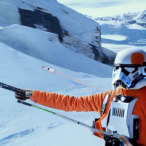 Image similar to star wars xwing pilot skiing down a mountain