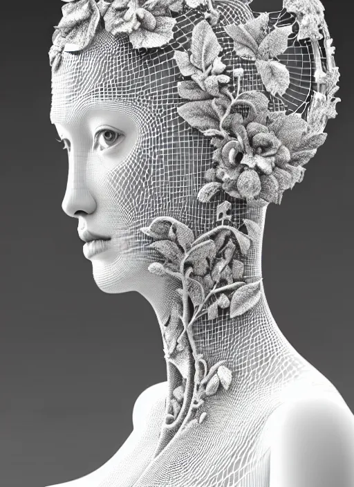 Prompt: complex 3d render ultra detailed of a beautiful porcelain profile woman face, mechanical vegetal cyborg, 150 mm, beautiful studio soft light, spot light, rim light, silver gold red details, luxurious, magnolia big filigran leaves and stems, roots, Alexander Mcqueen haute couture, fine foliage lace, mesh wire, filigran metallic intricate details, hyperrealistic, mandelbrot fractal, anatomical, silver metal armor, facial muscles, cable wires, microchip, elegant, white background, beautiful white teeth, octane render, H.R. Giger style, 8k