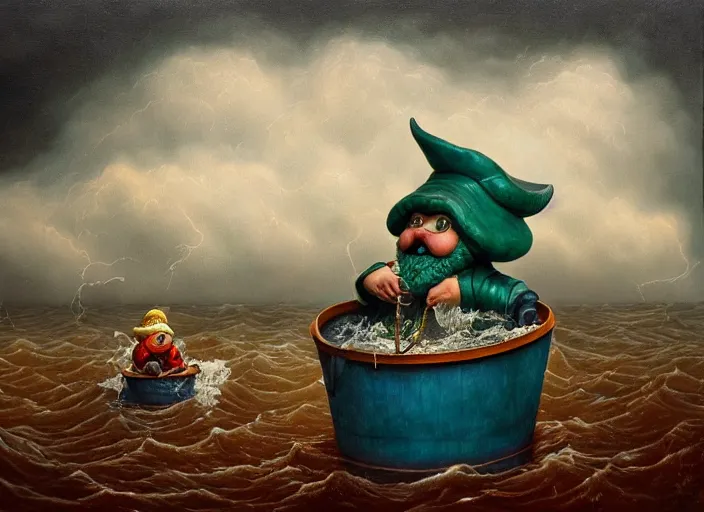 Image similar to a terrified garden gnome sailing in a bucket, background of raging ocean on a stormy with dramatic clouds, an ultrafine detailed painting by mark ryden, trending on deviantart, pop surrealism, whimsical, lowbrow, danger, perfect symmetrical face