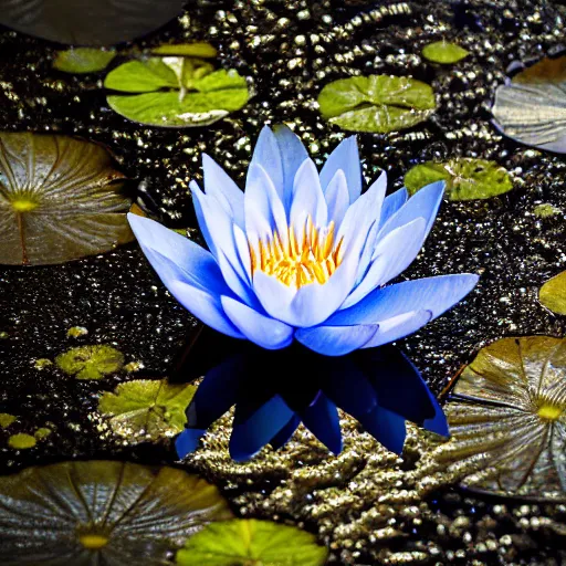 Prompt: Water lily made of blue and white fairy lights, floating on the water with reflection underneath, beautiful image, dark background, octane render 8k