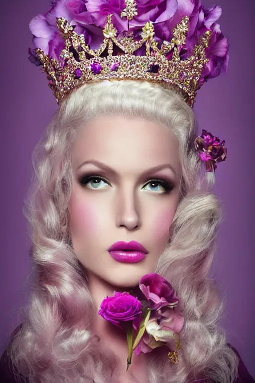 Prompt: lovely regal queen, portrait, updo of blonde and pink ombre hair, crown, flowerpunk, crystal coated violet flowers, by Natalie Shau